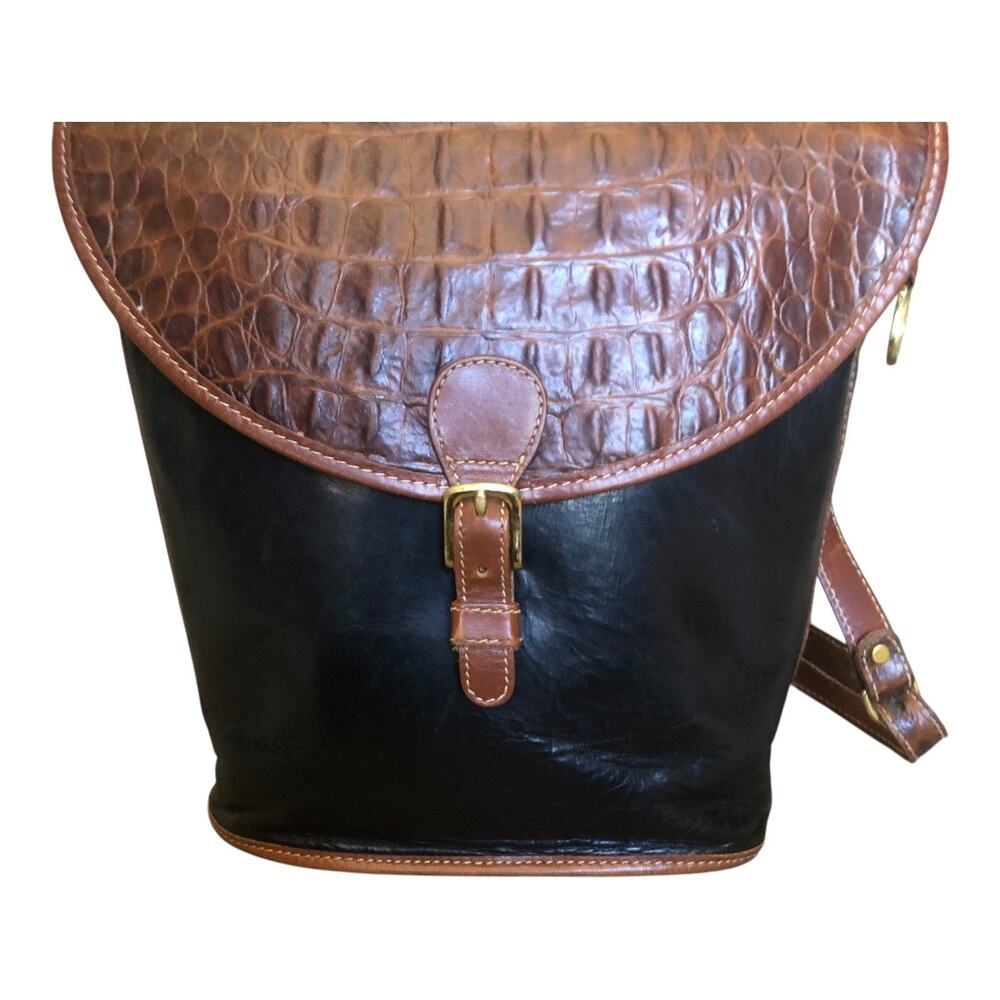 Brahmin Vintage Black Brown Croc Embossed Leather Bucket Crossbody Bag